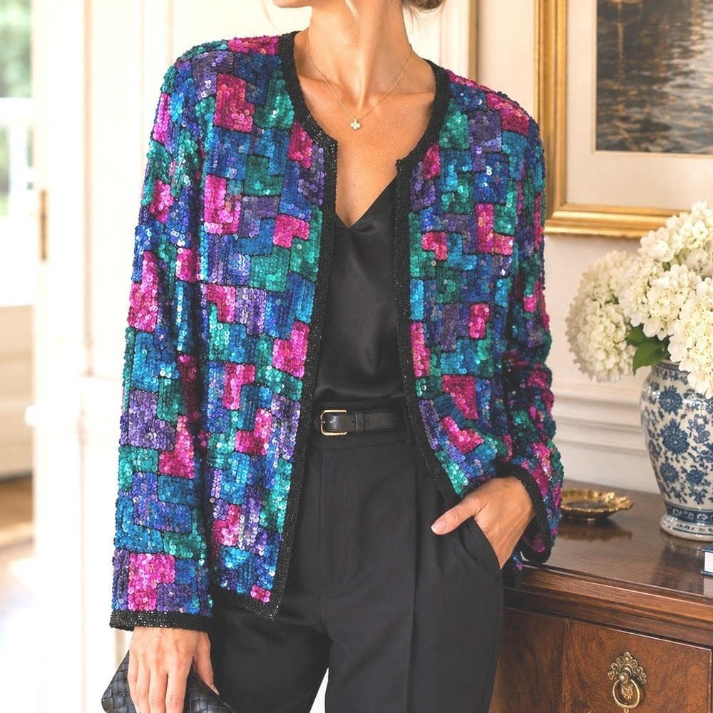SWEELO‎ Vintage 100% Silk Sequin Jacket Beaded Evening Party Cocktail Holiday